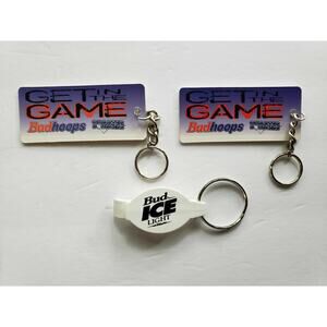 Vintage BUDWEISER (2)GET IN THE GAME BUD HOOPS KEYCHAINS & (1)BUD ICE CAN OPENER
